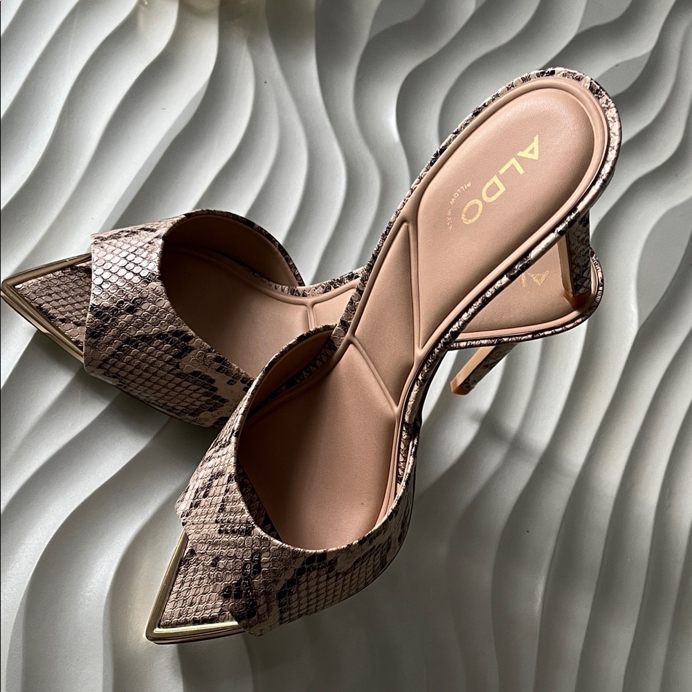 ALDO Brown Snake-Print Pointed Slide Mules - Picture 3 of 6